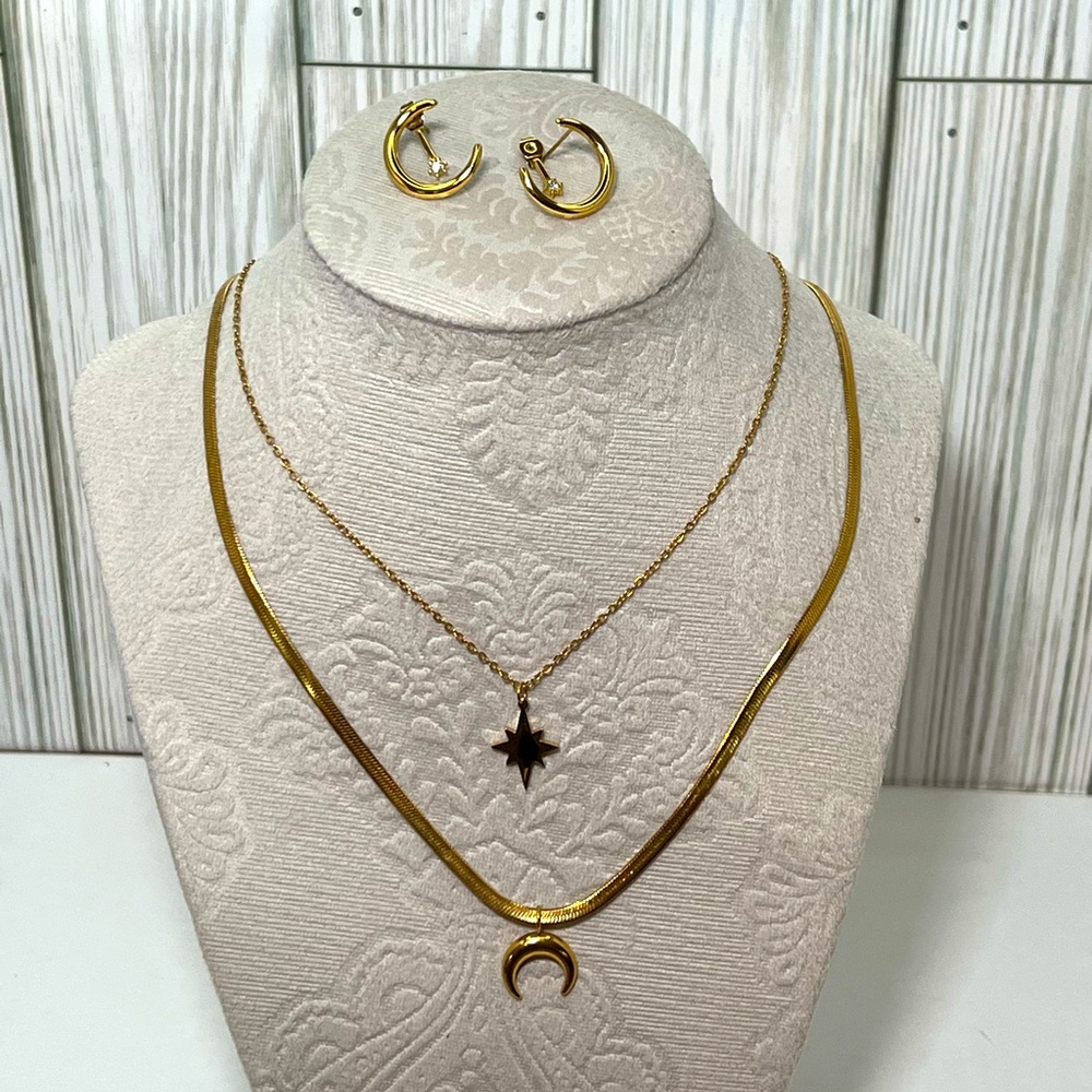 Moon and Star Necklace + Earrings Set